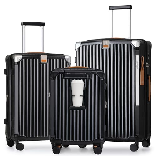 Image of Joyway 3 Piece Set Hardside Expandable Luggage with USB Charging Port and Cup Holder, TSA Lock Spinner Wheels Suitcase for International Travel, Lightweight Carry On Checked Baggage, Black