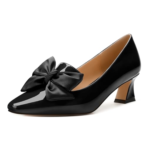 WAYDERNS Womens Slip On Solid Square Toe Bow Patent Casual Dating Kitten Low Heel Pumps Shoes 2 Inch