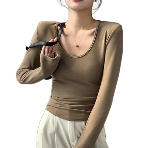 Photo de Womens Pack Long Sleeve Shirts Scoop Neck Tops Stretch Fitted Undershirt Lightweight Basic Thermal Tee(Khaki,Medium(95-110))