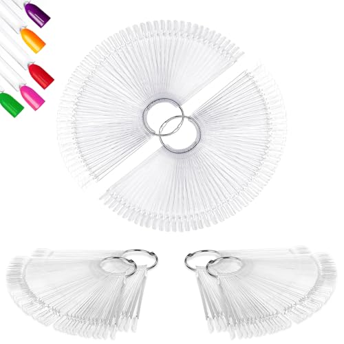 ADULLPONY 200Pcs Nail Swatch Sticks - Clear Nail Polish Swatches for Gel Polish Nail Color Display Sample Sticks with Rings 4 Bags of 50 Almond Nail Tips for Nail Art Practice & Salon Use