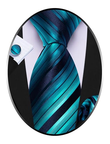 Image of Barry.Wang Man Stripe Ties Set Silk Woven Pocket Square Necktie Cufflinks Formal Party Business