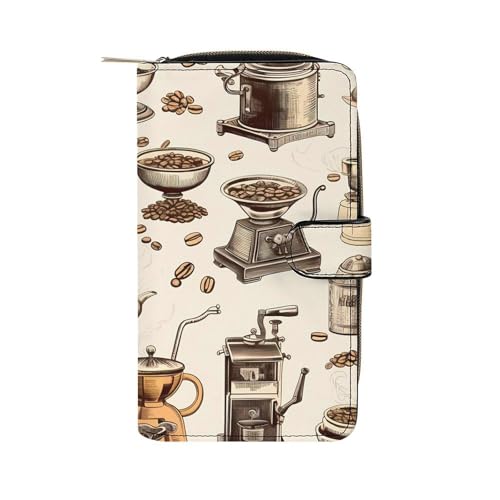 Vintage Coffee Grinding Machine Cup Womens Wallet Travel Long Purse Zippered Clutch Credit Card Holder for Men
