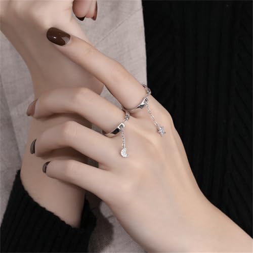 CZ Star Moon Chain Promise Statement Ring for Women Silver Gold Plated Dainty Crystal Starless Crescent Tassel Dangle Drop Open Wrap Finger Rings Adjustable Comfort Fit Fashion Wedding Jewelry2
