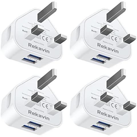 USB Plug UK 4 Pack,Rekavin USB Charger Plug Dual Port Adaptor UK Mains Charger 5V/2.1A Double USB Wall Adapter Charge Head with Smart IC Charging for iPhone 13 12 11 XS XR X 8 7 6,iPad,Mobile Phone Cover