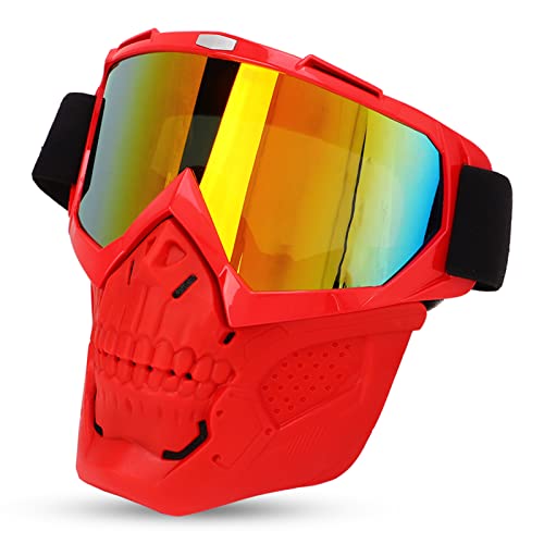POENVFPO Skull Goggle Face Cover, Windproof Off Road Cycling Helmet Goggles with Detachable Face Cover, for Outdoor Activities (Red Frame Red Lens)