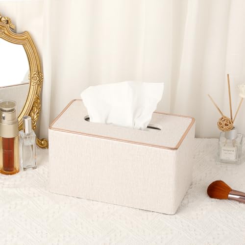 Image of Sumnacon Rectangular Linen Tissue Box Cover - Stylish Tissue Box Holder with Magnetic Bottom, Decorative Tissue Box for Bathroom Toilet Vanity Night Stand Table Countertop Office, Beige Linen Texture