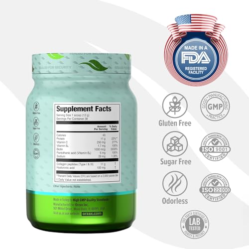 ORZAX Collagen Peptides Powder - 11 g Collagen Type I & III, Biotin & Hyaluronic Acid, 16 oz (Unflavored) - Image 4