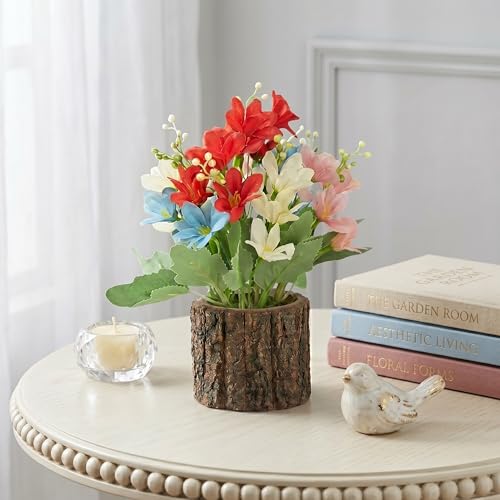 Image of Dekorly Artificial Multi Colour Lily Flower with Real Wooden Vase (28CM Overall Height) | Decorative Lifelike Faux Floral Plant in Rustic Tree Log Pot for Living Room(Mini Lily Flower)