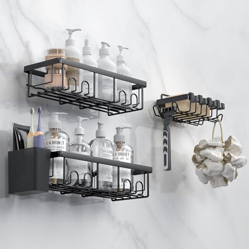 AceMining 3 Pack Noir Rangement Salle de Bain, Etagere Salle de Bain, Etagere Douche Adhésifs, Rangement et Organisation avec Crochets, Douche sans Percage