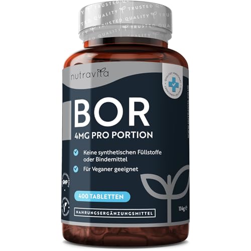 Nutravita Boron - 4mg Reines Bor je Tablette - 400 Tabletten - 13 Monate Vorrat - Laborgeprüft - Ohne unerwünschte Zusätze - Hochdosiert - Veganfreundlich