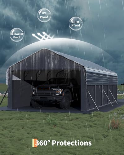 Image of Garvee 12'X24'X9' Metal Carport, Enclosed Car Ports with Heavy Duty Steel Frame and 220 g Tarp, All-Weather Carport for Full-Size Pickup Trucks, Bass Boats, and Tractors