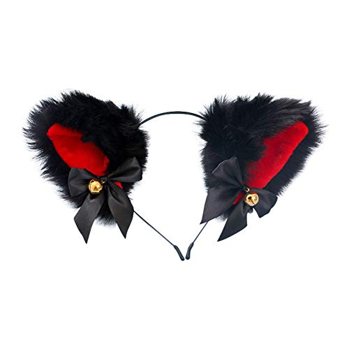 Fxaelian Animal Anime Faux Fur Fox Wolf Cat Dog Ears Headband with Bells Bows Halloween Cosplay Costume Party Headwear Headpiece Hair Accessories for Women Men Adult Bells Black Red