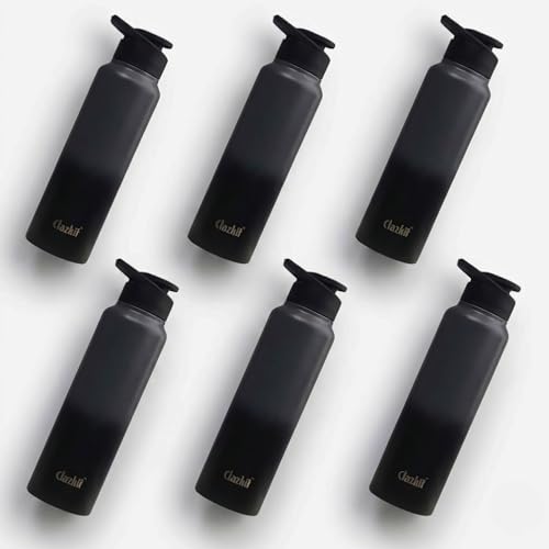 Image of Clazkit Dual Colored Stainless Steel Water Bottle |ISI Certified Leakproof,Durable for School Kids, Fridge, Sports, Gym, Yoga & Office - Easy to Clean & Reusable-1000ml - Set of 6 - Black