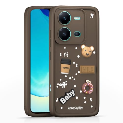 Image of Bintage Cute Fun Ball | Taddy Cartoon 3D Smiley Coffee Cup | Milk Donut | Full Protection Rubber Back Cover Compatible for Vivo V2202 / Vivo V25 5G - Brown