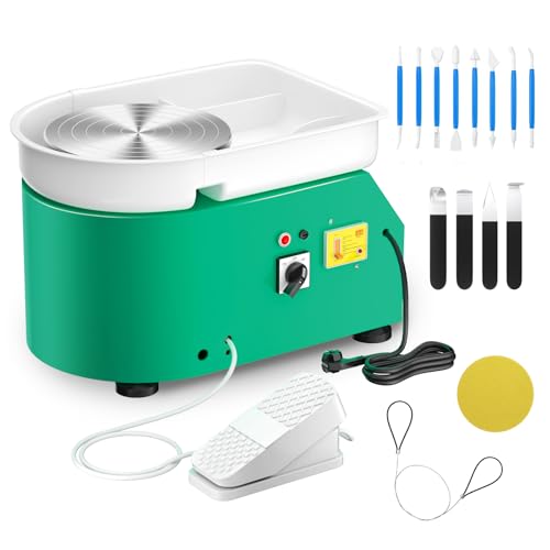 Electric Pottery Wheel 350W & 25CM Aluminum Turntable Pottery Wheel with Removable ABS Basin Foot Pedal and Shaping Tools Pottery Wheel Forming Machine for DIY and Pottery Studio (Green)
