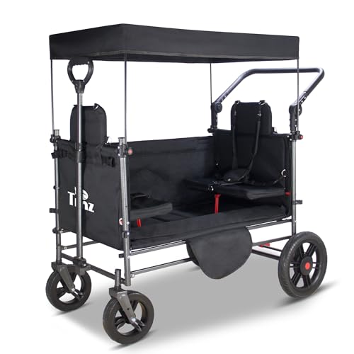 Image of TMZ Collapsible Wagon Cart with Side-Opening Seat Conversion Design, Foldable Utility Wagon with 2 Seats, Heavy Duty Wagon 265 lbs Load Capacity (Black)
