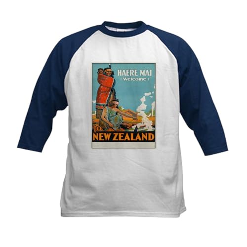 CafePress Vintage Poster New Zealand Baseball Jersey Kids Cotton Baseball Jersey, 3/4 Raglan Sleeve Shirt Navy/White