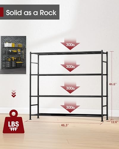 Image of Sakugi Storage Shelves - 4 Tier Shelf Organizer, Heavy Duty Garage Shelving Unit with Leveling Feet, Stable Metal Shelves Organizer for Pantry, Kitchen and Closet, 46.3 inch W x 12.6 inch D x 46.6 inch H, Black