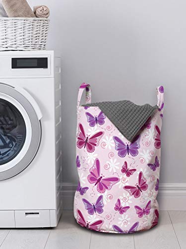 Ambesonne Butterfly Laundry Bag, Various Flying Butterflies Colors Hippie Style Print Design, Hamper Basket With Handles Drawstring Closure For Laundromats, 13" X 19", Purple Pink #TOP1