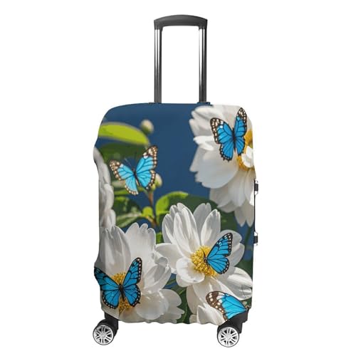 Carry on Luggage Cover White Blooms Blue Butterflies Suitcase Covers for Luggages Tsa Approved Travel Luggage Sleeve Protector Elastic Suitcase Protector Anti-Scratch Washable Fits 19-30 Inch Case -L