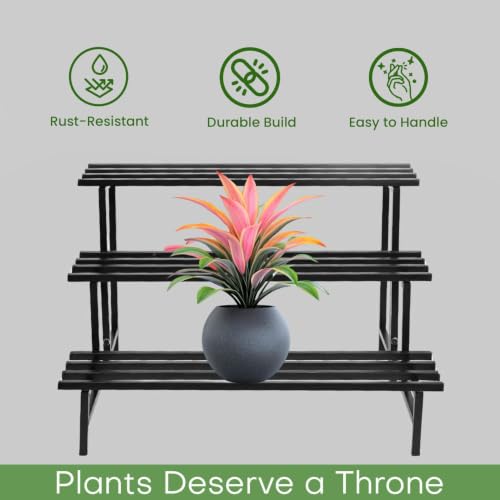Image of Pivalo 3-Tier Rectangular Plant Stand Anti-Rust Metal Shelf Flower Pot Holder Outdoor & Indoor Planters Gamla Stands for Balcony & Living Room Home Decor (Set of 1, Black)