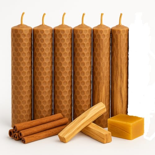 YA-DECCOREGALOS 6 Velas de Cera de Abeja Natural con Canela + 2 Palos Santos XL Mecha de Algodón, Sin Parafina, 10 cm x 3 Hechas a mano