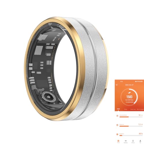 Fitness Tracker Smart Ring,Step Counter,Heart Rate Blood Oxygen Sleep Tracker Health Ring, 6ATM Waterproof Long Battery Life Smart Rings Compatible with iOS & Android ?Silver with Side Gold US10?