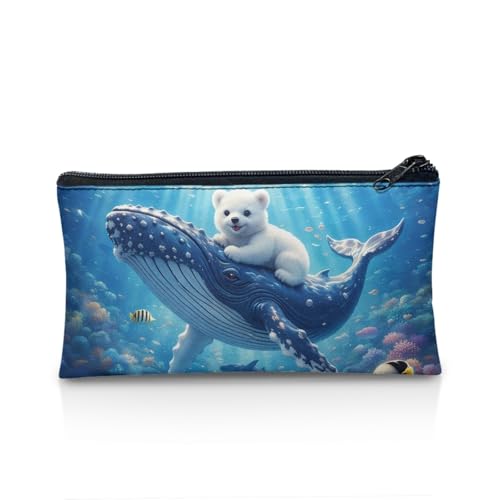 Image of Whale Polar Bear Pencil Case Blue Ocean Pencil Pouch with Zipper Lightweight Pen Organizer for Toddlers Girls Crayon Pouch for Painting Lesson