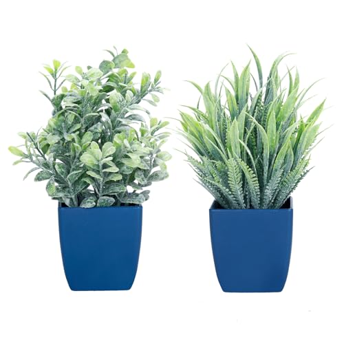summer flower 2 Pack Fake Plants in Pot Small Artificial Eucalyptus Potted Plants Faux Rosemary Plants in Pot Greenery for Home Decor IndoorOffice Shelf Table Desk Bathroom Decoration (Blue-2)