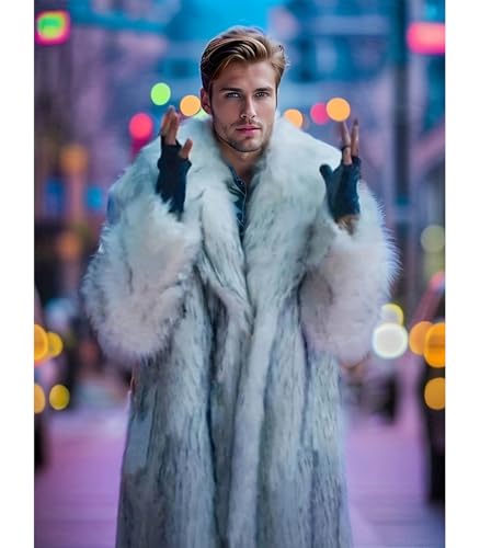 INVACHI Men's Faux Fur Coat Winter Long Faux Mink Coat Fluffy