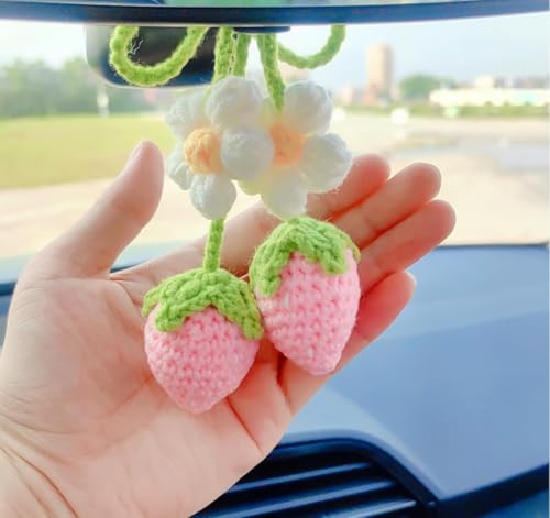 Image of VRB Dec 1 Pcs Crochet Flower for car Dashboard Decoration Items,Car Hanging Crochet Flower,Sunflower Decoration for Car,Car Mirror Hanging Accessories, (Hanging Strawberry Pink Crochet - 1 Pcs)