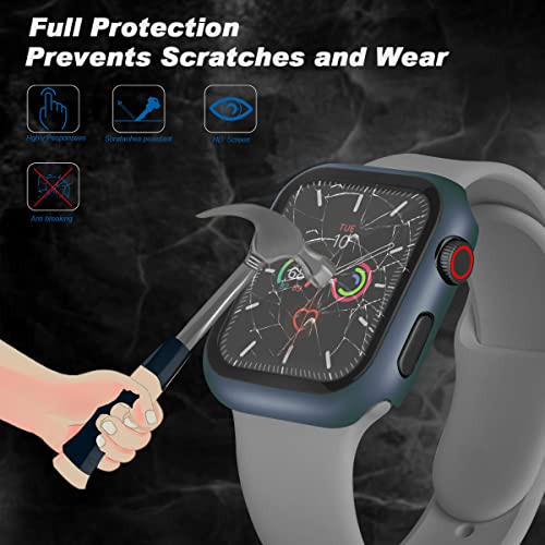 Image of HANKN (2 Pack Hard PC Case with Button for Apple Watch Series 9 8 7 41mm Tempered Glass Screen Protector Case, Full Coverage Ultra-thin Iwatch Bumper Cover (Night Blue, 41mm)