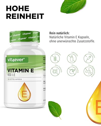 Vitamin E 400 I.E. natürlich - 365 Softgel Kapseln - Premium: Natürliches Vitamin E aus Sonnenblumen - 12 Monatsvorrat - Hochdosiert