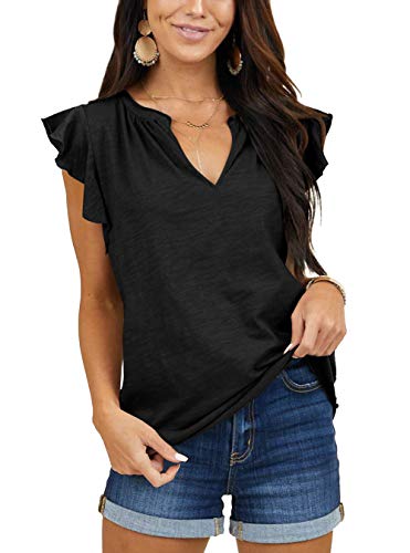 Women Tiered Ruffle Sleeve Loose Fit Flutter Tops Cotton V Neck Summer Shirt Black S