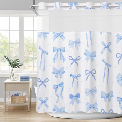 APROPHIC Cortina de ducha con lazos azules, cortinas de ducha con lazo de acuarela, con almohadilla de botón a presión, parte superior de malla transparente, dobladillo pesado, juego de cortina de