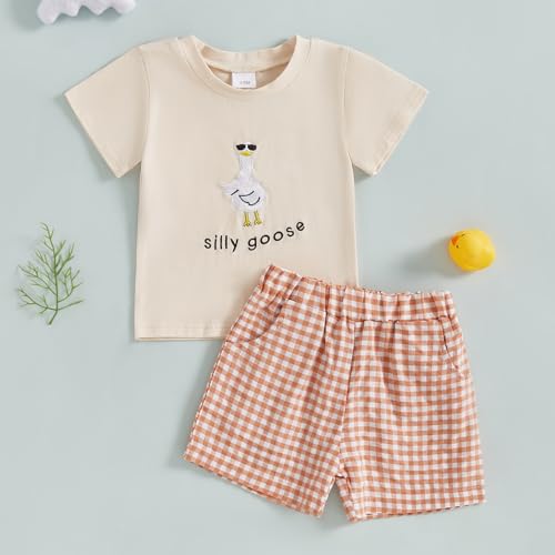 Toddler Baby Boy Girl Goose Clothes Silly Goose Short Sleeve T-Shirt and Plaid Shorts Set 2Pcs Summer Outfits4
