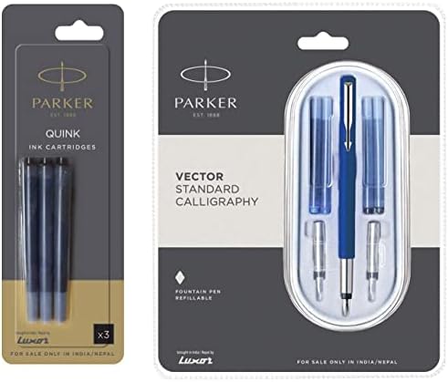 Parker Vector Standard Calligraphy CT Fountain Pen (Blue), 7 Piece Set (9000017372) Quink Ink Cartridges - Fountain Pen - Black- Pack of 3