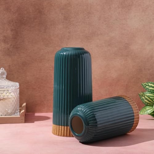 Image of PUREZENTO 'EmeraldDuo' Ceramic Ribbed Vase 6 & 8 Inch - Set of 2 | Decorative Ribbed Vase for Dried Flowers & Pampas Grass | Centerpiece Vases for Modern Home Decor, Living Room, Office Decor Ideas