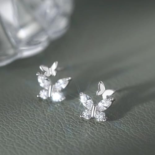Silver Double Butterfly Crystal Stud Earrings, Dainty Shining Birthstone Birthday Gift Tiny Earrings, Sparkling Zircon Jewelry (Silver) by GIGB PBDK - Used condition - Image 6