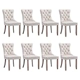  SoarFlash Ensemble de 8 Chaises de Salle à Manger en Velours, avec Dossier à Ailes tapissé, piquetage à Boutons, Garniture rivetée, Anneau décoratif de Dossier et Jambes en Bois, Beige