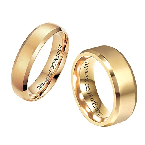 Personalized 24K Gold Plated Tungsten Ring Set Custom Engraved Free In Any Language - Wedding Band Set - Couple's Ring Set - Ships from USA4