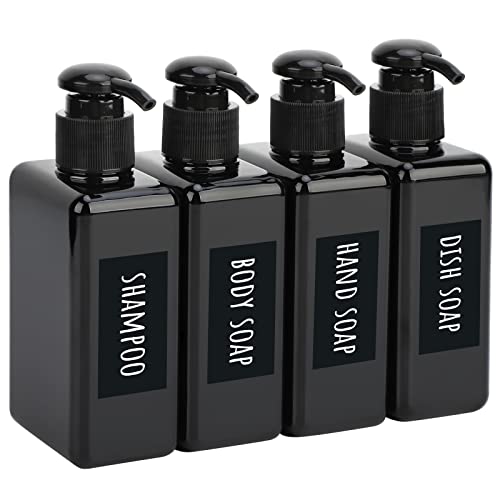Image of Segbeauty 4pcs Square Lotion Dispenser, 6.8oz Empty Shampoo Pump Bottles Small with Labels, 200ml Refillable Portable Plastic Press Bathroom Shower Dispenser Liquid Soap Containers for Travel Black