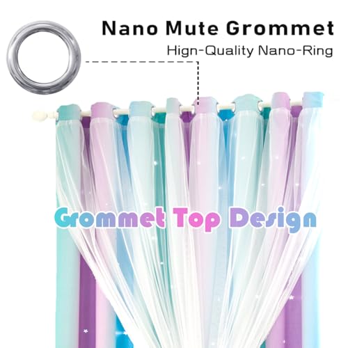 Image of Yancorp Kids Princess Curtains for Girls Bedroom - Star Design With Tieback & 3 Bowties - Purple Teal Blue, W34 X L63 Inches, 1 Panel
