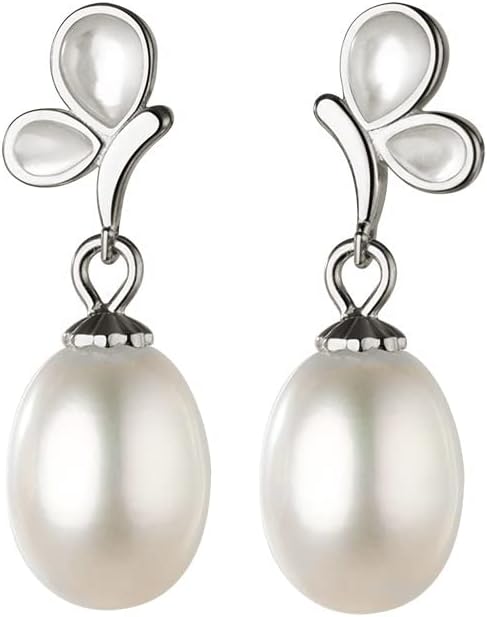 SLUYNZ 925 Sterling Silver Pearl Drop Earrings for Women Pearl Dangle Earrings Wedding Bridal Earrings Mother of Pearl Butterfly Studs