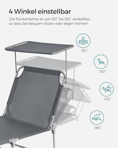 SONGMICS Sonnenliege, klappbarer Liegestuhl, 193 x 53 x 29 cm, trägt bis zu 150 kg, Sonnenschutz, Kopfkissen, verstellbare Rückenlehne, für Garten, Pool, Terrasse, dunkelgrau GCB19UV1