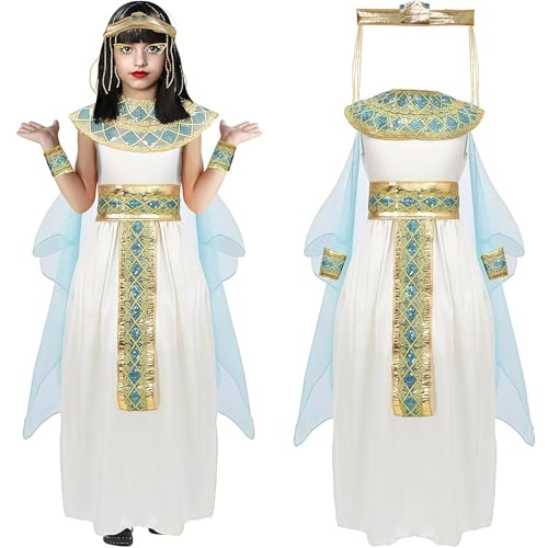 WANGWANG Cleopatra Kostüm Mädchen, Faschingskostüm Mädchen, Kleopatra Kostüm Kleid und Accessoires für kinder Halloween Cosplay Karnevalskleid Fasching Deko (Größe M)