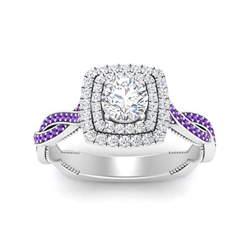 Image of Choose Your Gemstone Double Halo Twisted Shank Engagement Ring 925 Sterling Silver Round Shape Double Halo Engagement Ring Lightweight Office Wear Everyday Gift Jewelry US Size 4 to 12