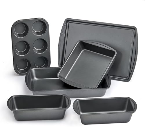 6-Piece Non-Stick Carbon Steel Bakeware Set, Including Cake, Muffin, Cookie and Loaf Pans, Multi-Use Baking Kit,Dishwasher Safe,Gray