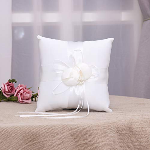 Vosarea Wedding Ring Pillow, White Lovely Flower Buds Faux Pearls Bridal Ring Bearer Holder Cushion Wedding Ring Box Wedding Accessories Decoration Supplies 20X20Cm #TOP5