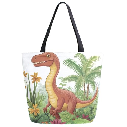 Cartoon Dinosaur Plants Extra Large Canvas Gym Shoulder Tote,Durable Reusable Daily Top Handle Bag for Mens Womens Yoga Weekender Picnic Beach Travel Market Shopping